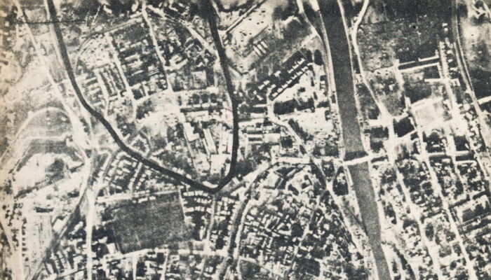 Aerial view Ulm factory after bombing raid